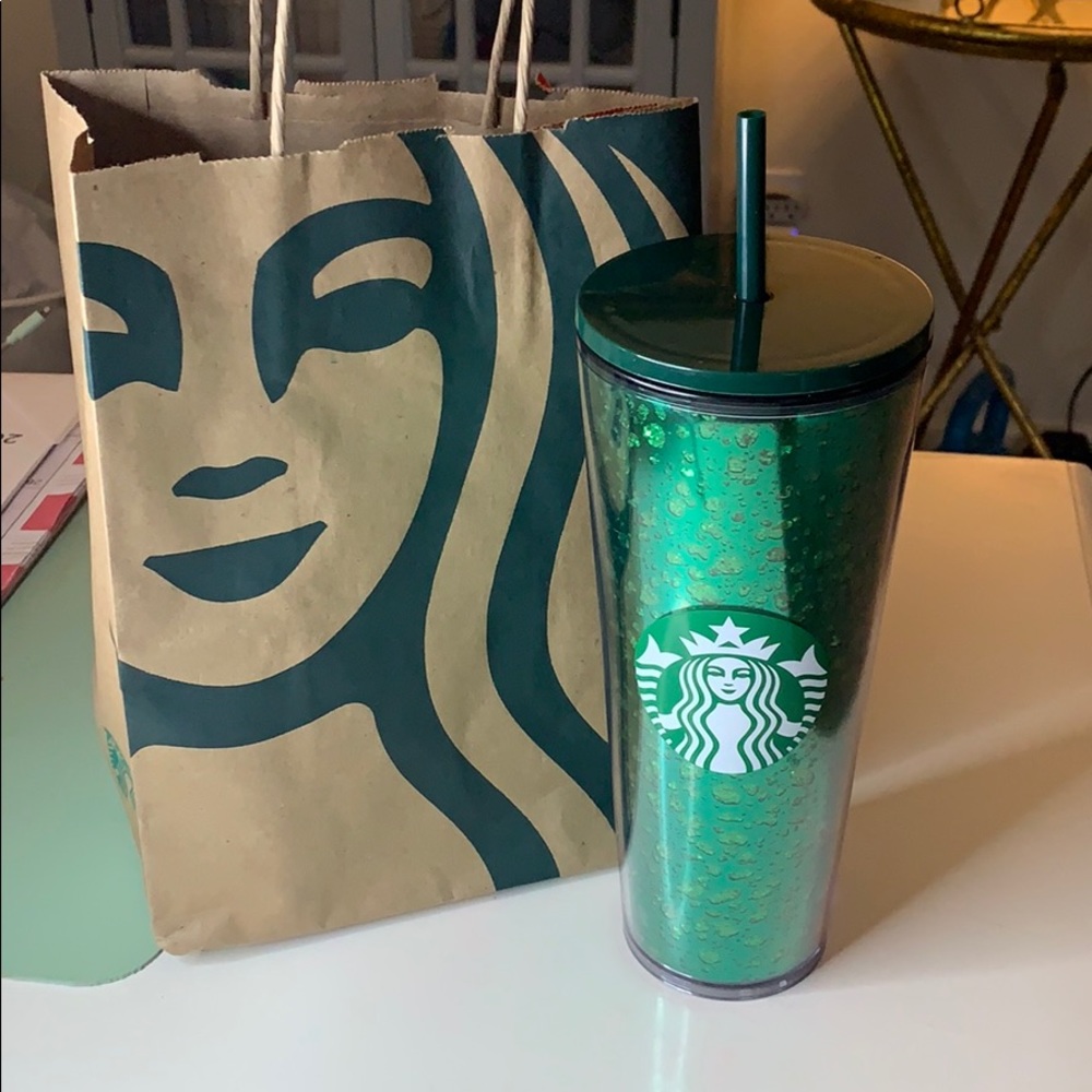 NWT Starbucks Green glittery 24oz tumbler w bag